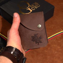 Moderni Lietuviška odinė piniginė su RFID iššokančių kortelių dėklu, su Vyčiu