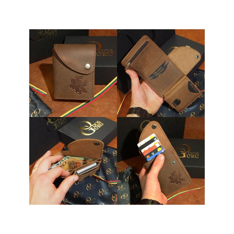 Moderni Lietuviška odinė piniginė su RFID iššokančių kortelių dėklu, su Vyčiu